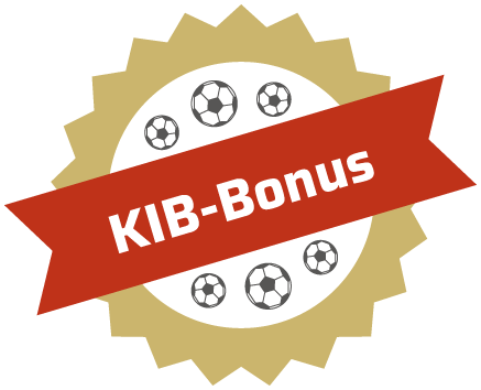 KIB-Bonus Logo: Ein weißer, mit einem goldenen gezackten Rahmen umschlossener Kreis, in dem sich 6 kleine Fußbälle befinden, darüber auf einem roten Band der Schriftzug "KIB-Bonus".